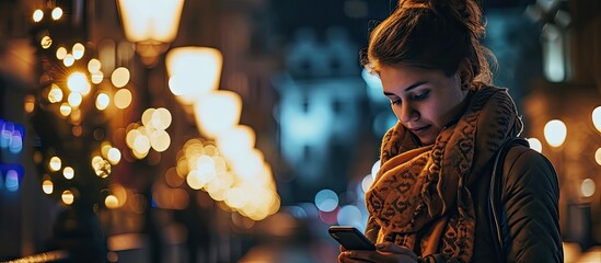 Fototapeta premium Crop female in warm scarf standing near illuminated lamps in dark street and typing message on phone during walk time. with copy space image. Place for adding text or design