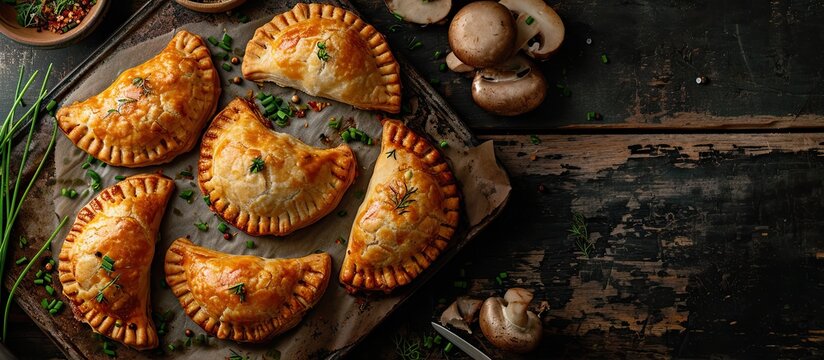 Fresh Hand Pies with Siberian Chives and Mushrooms on Baking Dish View from Above. with copy space image. Place for adding text or design