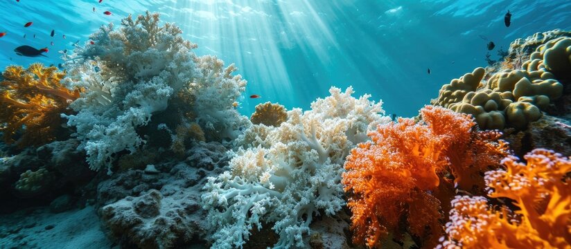 A Pacific coral has bleached due to higher than normal sea surface temperatures Bleaching is the loss of symbiotic zooxanthellae from the coral s tissues. with copy space image