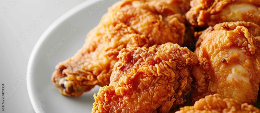 Poster a white plate with fresh crispy fried chicken. with copy space image. place for adding text or desig