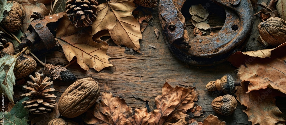 Poster Arrangement of rusty horseshoe acorns chestnuts faded leaves and pinecones Horizontal photo. with copy space image. Place for adding text or design