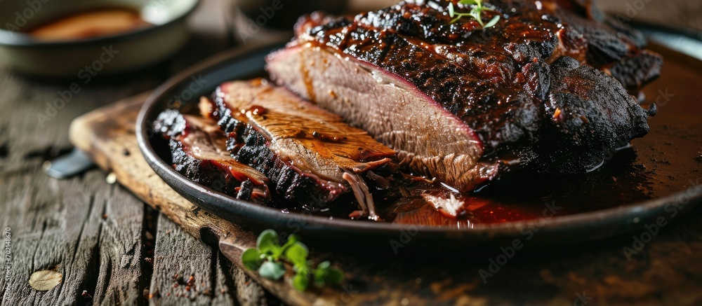 Poster closeup view of roasted beef brisket flat steak on a plate. with copy space image. place for adding 