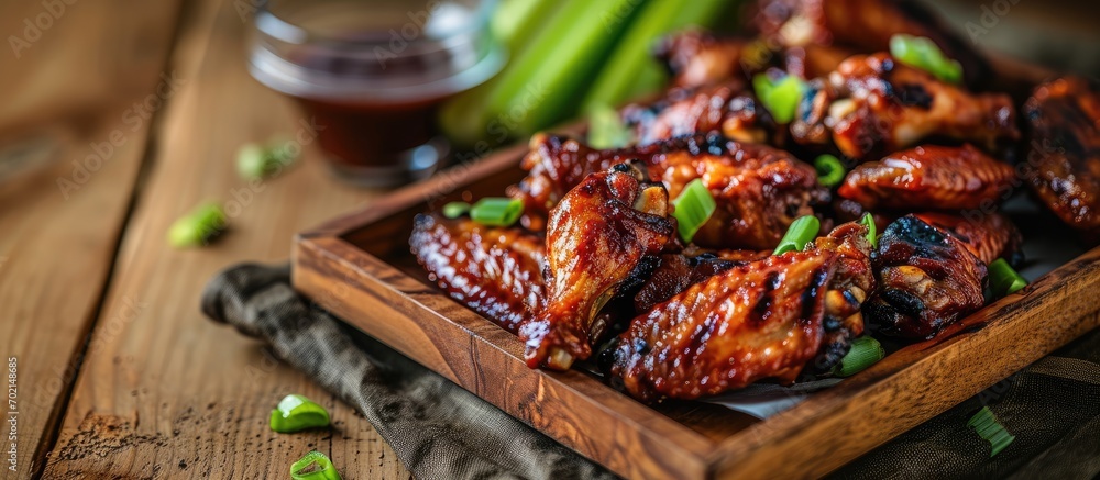 Poster crispy barbecue chicken wings with celery on wooden serving tray. with copy space image. Place for adding text or design