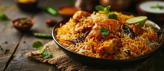 Chicken Biryani Extremely delicious and spicy chicken biryani. with copy space image. Place for adding text or design