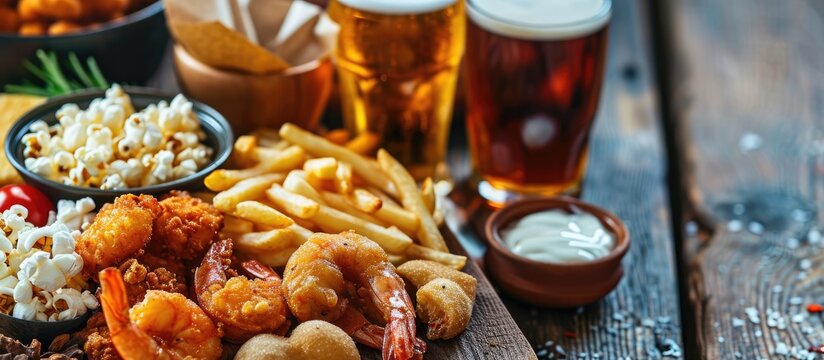 A snack platter with popcorn and coconut shrimp fries and beer. with copy space image. Place for adding text or design