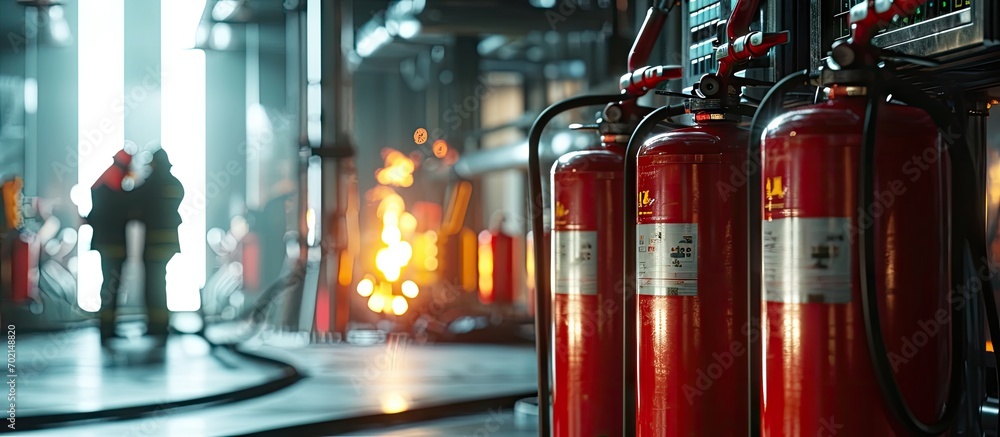 Poster Engineer are checking and inspection a red fire extinguishers in the fire control room for safety prevention and fire training. with copy space image. Place for adding text or design