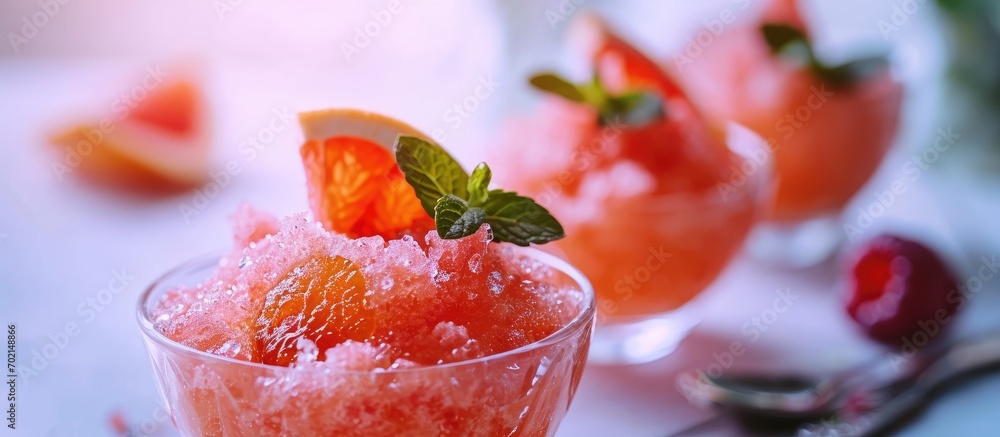 Leinwandbilder Grapefruit Granita Frozen Dessert selective focus horizontal. with copy space image. Place for adding text or design