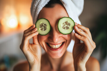 Beautiful smiling young woman with cucumber slices in her eyes in the bathroom