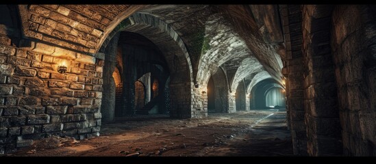Abandoned underground fort A historical derelict building with multiple tunnels. with copy space image. Place for adding text or design - obrazy, fototapety, plakaty