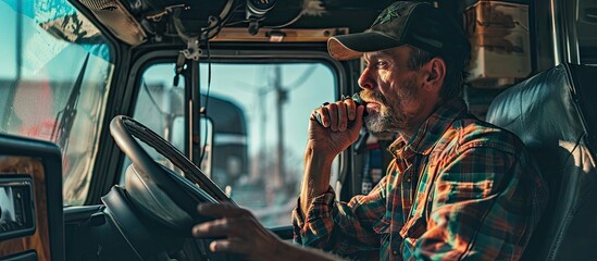 Ground Transportation Industry Theme Caucasian Trucker Driver CB Radio Talk Inside a Old Semi...