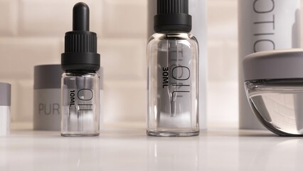Close-up of skincare bottles in 3D illustration, showcasing modern design with clean lines and transparent materials on a reflective surface.