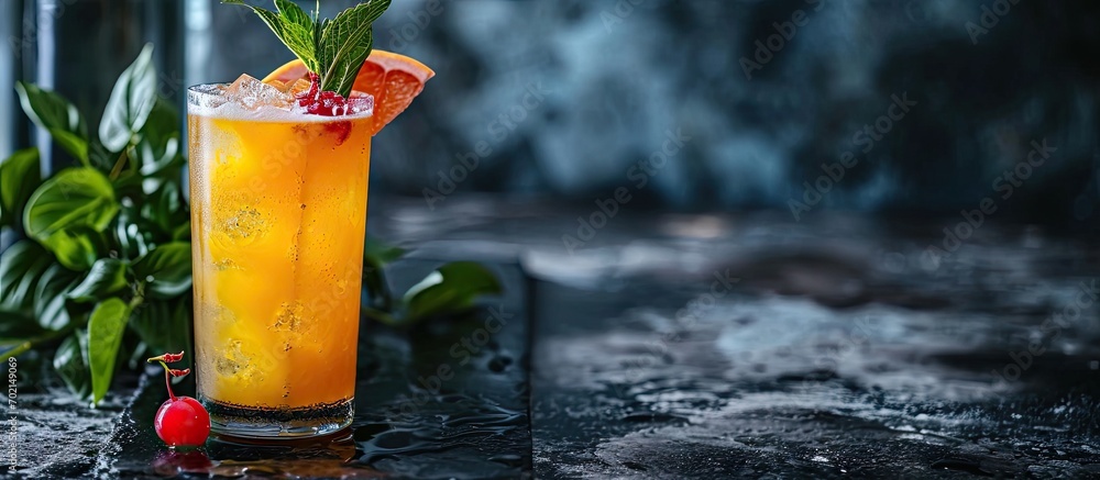 Poster grapefruit or cherry radler citrus beer cocktail refreshing fruit beer drink on black table copy spa
