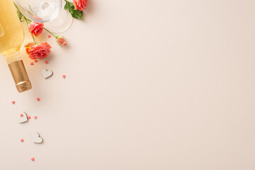 Romantic dining experience with top view of wine glass and white wine bottle. Soft roses, sugar sprinkles, and themed decor create a captivating setting against the pastel beige background