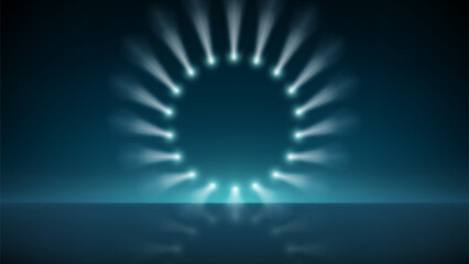 Stage, spotlights in a circle. Blue backdrop, background for displaying products. Bright spotlights. Glowing light spot on scene. Shining stage blue lights with ramp illumination. Vector illustration