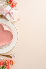 Romantic Anniversary Dinner: Overhead vertical shot of beautifully set table with heart-shaped plate, silverware, roses, and themed decor on a soft pastel background. Perfect for sharing love