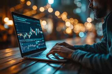 A focused businessman or stock broker analyzes stock market charts and trends on a laptop making strategic decisions for financial success. Ai generated