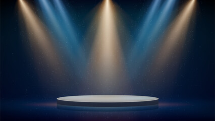 Stage, golden, blue spotlight, podium. Background, backdrop for displaying products. Illuminated blue stage. Beams of spotlights, shimmering glittering particles, a spot of light. Vector illustration