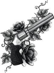 monochromatic illustration of Revolver and flowers color - obrazy, fototapety, plakaty