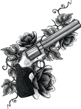 monochromatic illustration of Revolver and flowers color