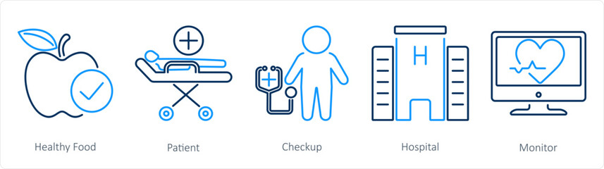 A set of 5 Health Checkup icons as healthy food, patient, checkup