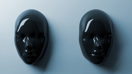Glossy black masks in 3D illustration, creating an air of enigma with their reflective surface against a cool blue background