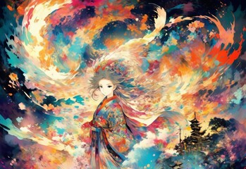 Abstract vivid illustration with imaginative colorful anime images - japan theme - obrazy, fototapety, plakaty