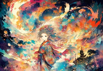 Foto auf Acrylglas Abstract vivid illustration with imaginative colorful anime images - japan theme © Graphic Gem Market