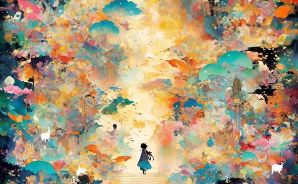 Abstract vivid illustration with imaginative colorful anime images - japan theme