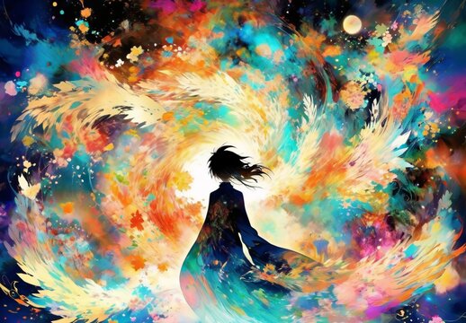 Abstract vivid illustration with imaginative colorful anime images - japan theme