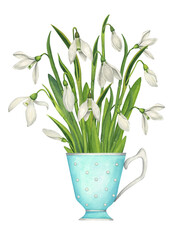 Bouquet of snowdrops in a mint tea cup. Watercolor illustration of spring flowers. Country life aesthetics. Vintage style postcard