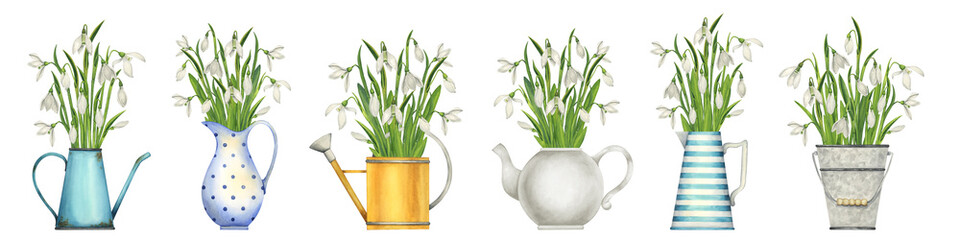 Set of illustrations with bouquets of snowdrops in vintage utensils. Spring white flowers in a watering can, in jugs, in a bucket. Stylized rustic illustration - obrazy, fototapety, plakaty