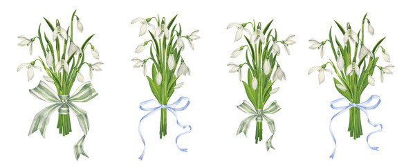 Set of watercolor illustrations with bouquets of snowdrops tied with ribbons. Wedding spring bouquets. Botanical realistic illustration