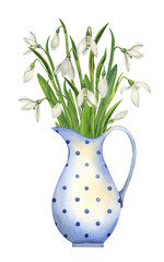A bouquet of snowdrops in a white porcelain jug with blue polka dots. Spring flowers. Botanical illustration in vintage style
