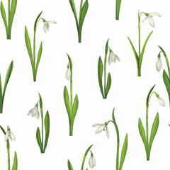 Watercolor seamless pattern with snowdrops. Spring simple rustic floral background for fabric printing, scrapbooking, wallpaper, wrapping paper.
