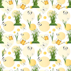 Watercolor seamless pattern with bouquets of snowdrops and yellow watering cans. Spring floral background for printing on fabric, scrapbooking, wallpaper, wrapping paper.