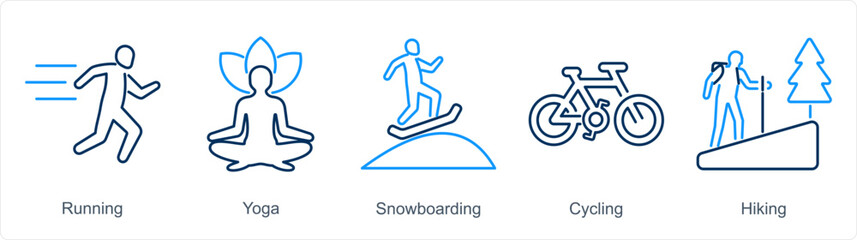 A set of 5 Hobby icons as running, yoga, snowboarding - obrazy, fototapety, plakaty