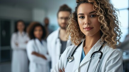 Attractive female doctor in front of medical group - obrazy, fototapety, plakaty
