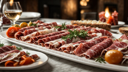 Capture the timeless allure of Italian salumi on a pristine white plate against the backdrop of a stylish restaurant