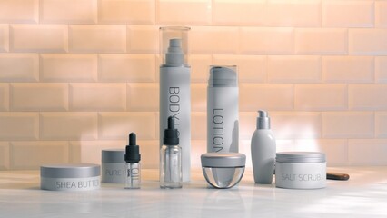 Elegant skincare product line in 3D illustration, displayed against a textured tile background with a serene, soft lighting.