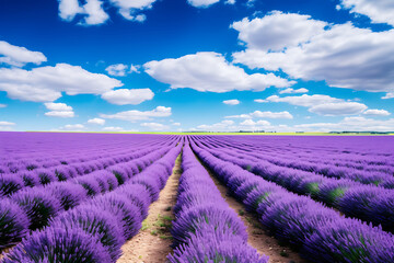 Vivid Purple Lavender Rows under Blue Sky. Horizontal photography