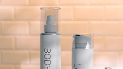 Close-up of skincare bottles in 3D illustration, showcasing modern design with clean lines and transparent materials on a reflective surface.