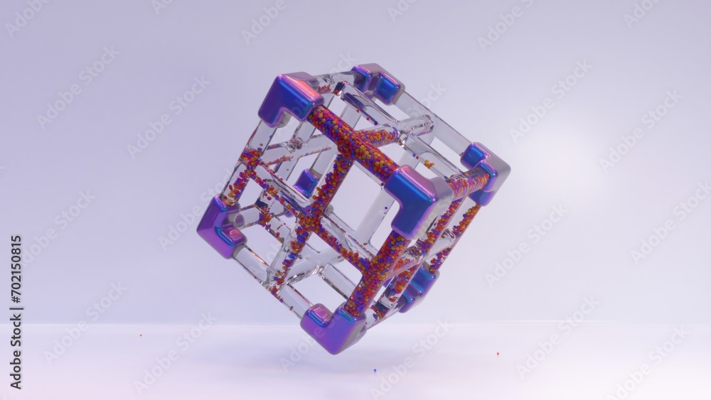 Poster gleaming 3d cube structure rotates, its glassy frame filled with vibrant, dynamic particles.