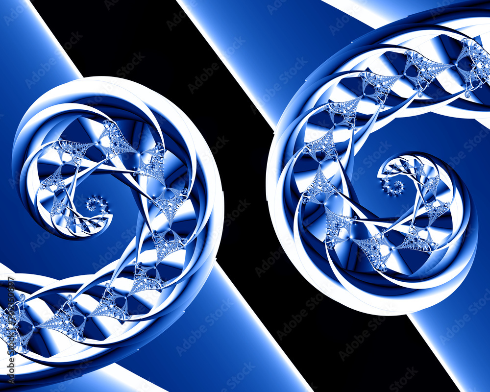 Poster diagonal background cobalt and bright blue shades with grey and black intricate spiral pattern and t