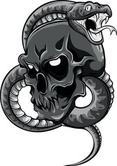 monochromatic illustration of snake with human skull