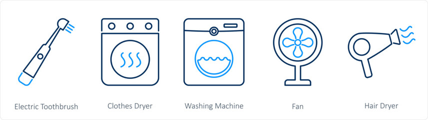 A set of 5 Home Appliance icons as electric toothbrush, clothes dryer, hair dryer - obrazy, fototapety, plakaty