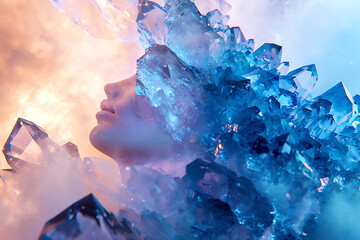 Sublime Resilience: Woman Amidst the Crystal Ice Flames. Horizontal illustration