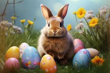 Easter bunny with painted eggs, Happy Easter background