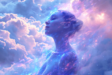 Heavenly calm: woman against the background of heavenly clouds. Horizontal illustration