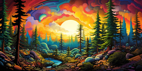 Psychedelic art of pine forest 