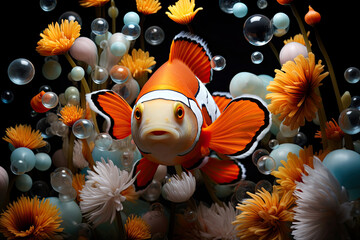 Obraz na płótnie Canvas Clown fish illustration, white and orange flowers, bubbles, beautiful wallpaper